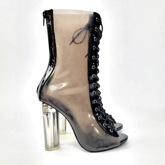 Y2k Wild Diva Clear Chunky Smoke Black Lace Up Heel Boots - 7.5 - Picture 5 of 12